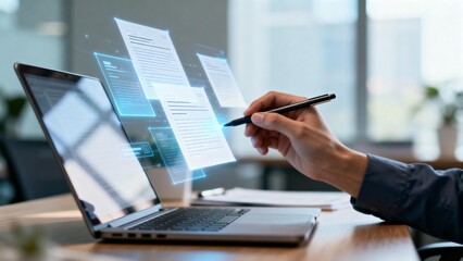 Person interacting with digital documents on laptop