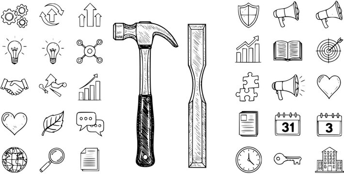 Hand-Drawn Sketch Icon Set Featuring Tools (Hammer, Chisel) Alongside Business, Communication, and Abstract Concept Symbols