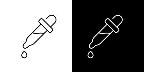 A graphic representation of a dropper with a drop of liquid falling from it, shown in both black and white outlines icon