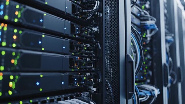 Close-up of a server rack with blinking lights and cables in a data center.