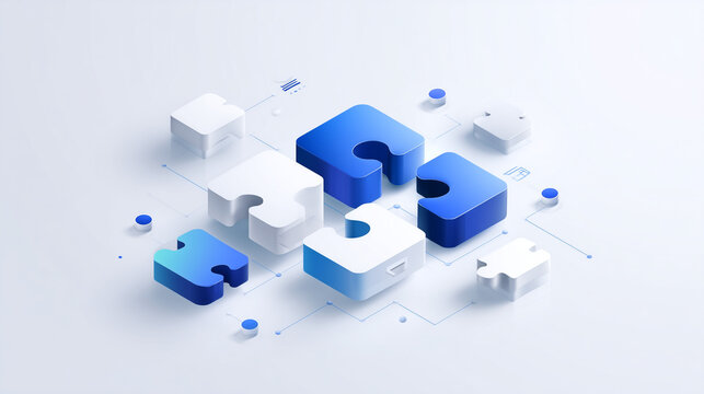abstract 3d blue and white jigsaw puzzle pieces for business collaboration, conceptual isometric visualization of strategic integration and problem solving, modern saas landing page asset representing