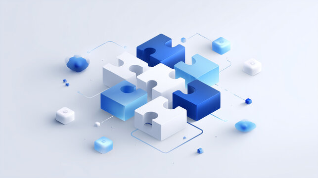 abstract 3d blue and white jigsaw puzzle pieces for business collaboration, conceptual isometric visualization of strategic integration and problem solving, modern saas landing page asset representing