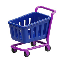3d rendered shopping cart with blue basket and purple frame isolated on transparent background