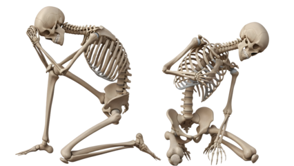 Two human skeletons sitting in thoughtful and resting poses isolated on white background, anatomy model perfect for medical education and Halloween themes