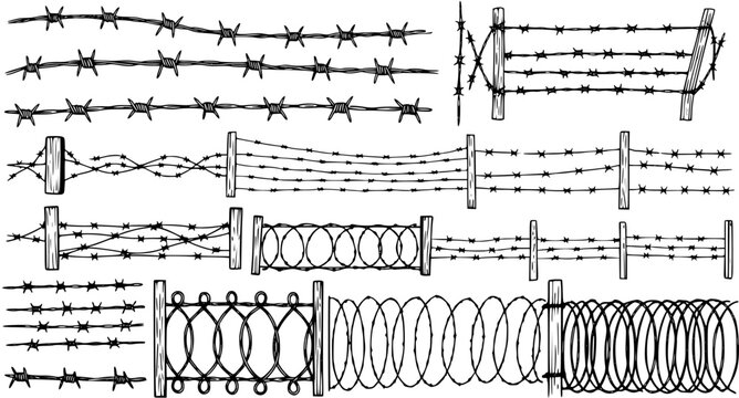 Collection of Hand-Drawn Barbed Wire and Razor Wire Fences and Coils - Sketchy Security Barriers