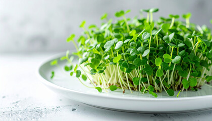 Garden cress sprouts on pristine white plate, vibrant green, culinary styling, fresh harvest