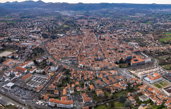 Aerial panoramic view of the old town city  Riom in France on a sunny day