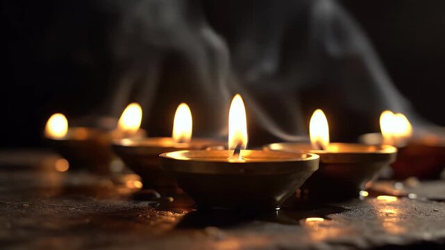 Shani Jayanti Devotional Background with Glowing Oil Lamps or Diyas in Darkness with Warm Golden Light