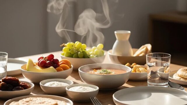 Prepared meal displayed on a wooden table with various dishes