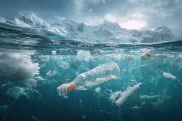 A bottle is floating in the ocean, surrounded by plastic debris