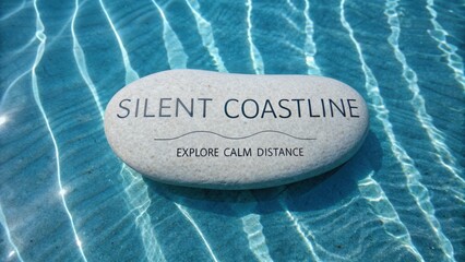Serene Stone on Water Surface with Text Inviting Calm and Exploration in Crystal Clear Blue Water