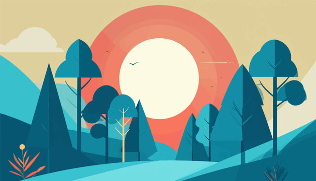 Stylized landscape with a large sun, trees, and hills in a geometric style