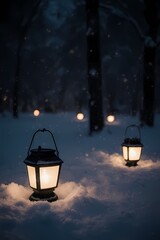 Glowing Lanterns in Dark Snowy Park