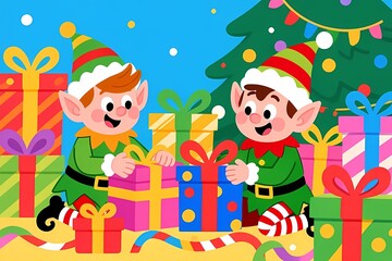 Christmas Elves with Colorful Gifts