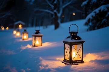 Winter Lanterns on Snowy Hillside