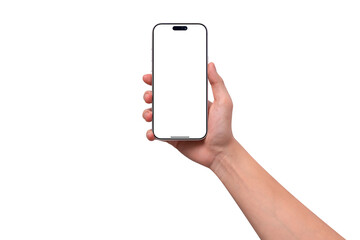 Hand holding smartphone mockup with transparent screen isolated on transparent background. Mobile phone with empty display for copy space.