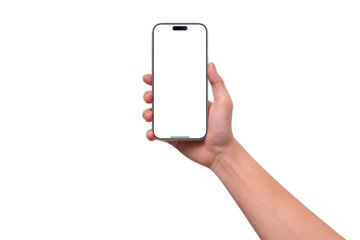Hand holding smartphone mockup with transparent screen isolated on transparent background. Mobile phone with empty display for copy space.