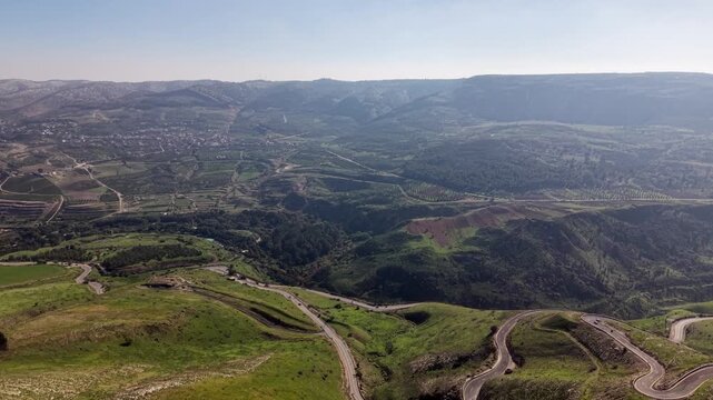 Wide aerial view of the mountainous landscape of the Golan Heights , Israel.