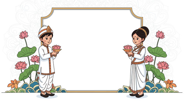 Couple in traditional white Indian wedding attire holding lotus flowers in front of a large blank rectangular frame.