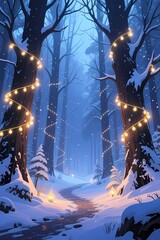 Glowing Lights On Snowy Forest Path