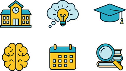 Education icons, school building, graduation cap, brain symbol, calendar planner, magnifying glass, books, learning tools, academic achievement, study schedule, research concept, creative thinking,