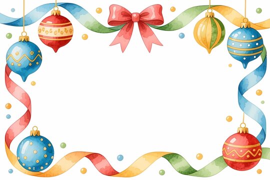 Watercolor Christmas Border with Ornaments and Ribbons
