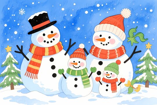 Watercolor Snowman Family in Snowy Woods