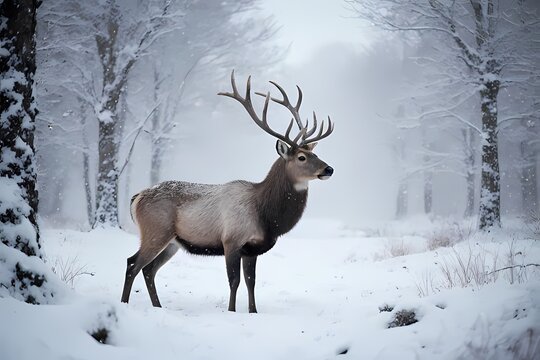 Majestic Elk Standing in Foggy Snow
