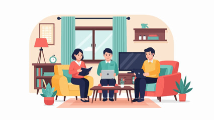Fototapeta premium Three people casually interacting in a cozy living room with technology and home decor