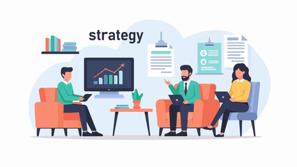Three people in a meeting discussing strategy with charts and documents