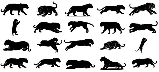 shadow predators saga dynamic black panther silhouettes unveiling primal instinct, stealth, and untamed feline grace set, vector isolated on transparent background