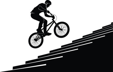 Fototapeta premium BMX cyclist silhouette performing stunt jump on stairs extreme biking action vector illustration isolated on white background urban sports design