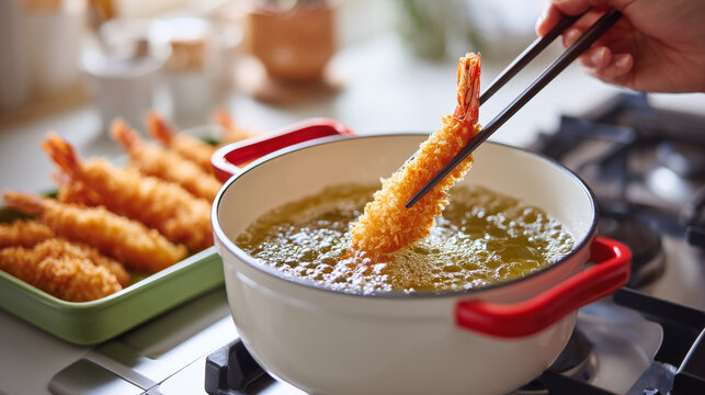 Frying Shrimp Tempura in a Pot on Stove