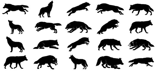 moonlit saga a visual compendium of canine wilderness, evoking the ancient hunt and fierce independence set, vector isolated on transparent background