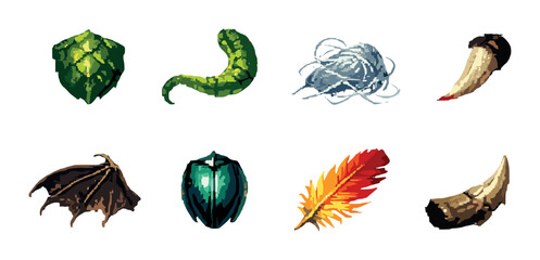 Fantasy game pixel art icons: magical items and creature parts collection