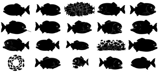 rivers edge predators a collection of menacing piranha silhouettes capturing aquatic threat and voracious instinct, vector isolated on transparent background