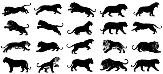 primal instinct unleashed dynamic shadows of the jungles apex hunters, embodying untamed power and silent agility set, vector isolated on transparent background