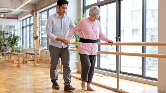 Supporting Steps: A skilled therapist guides an elderly woman through physical rehabilitation, helping her regain strength and mobility with a patient approach