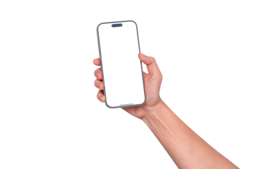 Hand holding smartphone mockup with transparent screen isolated on transparent background. Mobile phone with empty display for copy space.