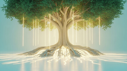 Mystical Tree of Life with Glowing Roots and Light Rays.