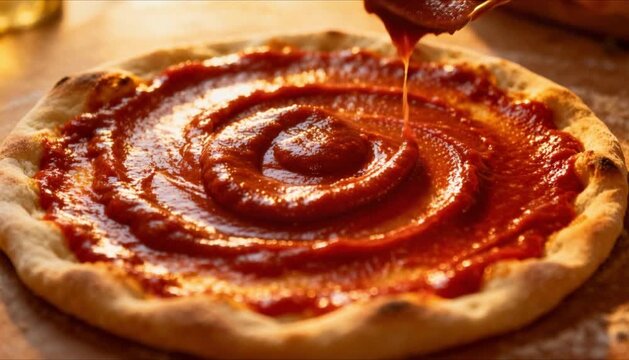 pizza base with sauce spreading in circular motion perfect for international pizza day