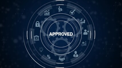 Digital approved concept with gears and business showing success and finance growth on dark blue