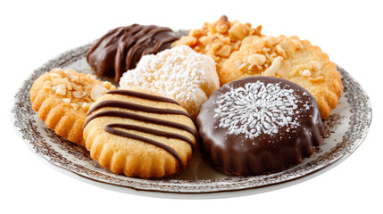 Variety of assorted gourmet cookies on decorative plate for a snack break