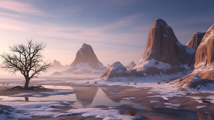 snow Y landscape with barren tree and majestic rocky mountains at dusk serene frozen lake in foreground