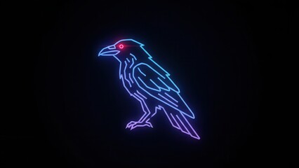 Fototapeta premium Mesmerizing neon raven with glowing red eye against a stark dark background futuristic cybernetic