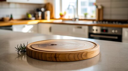 Empty wooden cutting board on kitchen counter with modern interior
