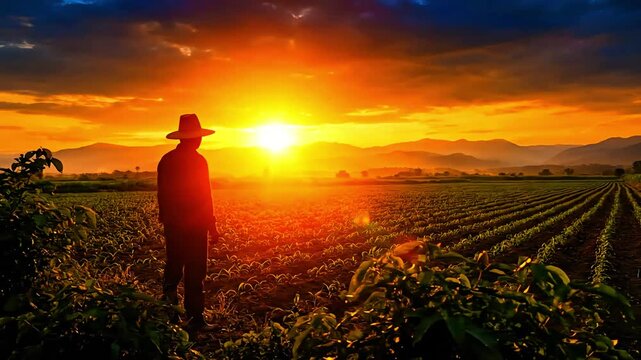 Silhouette of a solitary farmer wearing a wide-brimmed hat standing vigilantly over endless rows of flourishing crops during a vibrant, dramatic sunset.