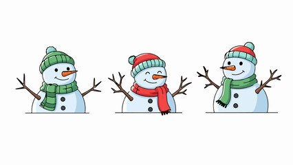Three cheerful cartoon snowmen with twig arms wear winter hats and scarves