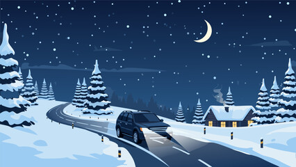 Fototapeta premium Winter night driving vector illustration showcasing a car on a winding snowy road with fir trees and a cozy cabin under a crescent moon