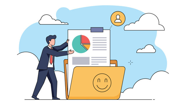 Professional employee organizes files by placing a document with a pie chart into a folder that features a friendly smiley face icon.